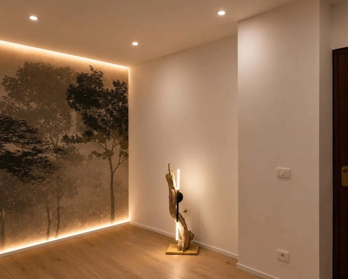 La parete con la stampa degli alberi, la scultura dorata e la luce a led
