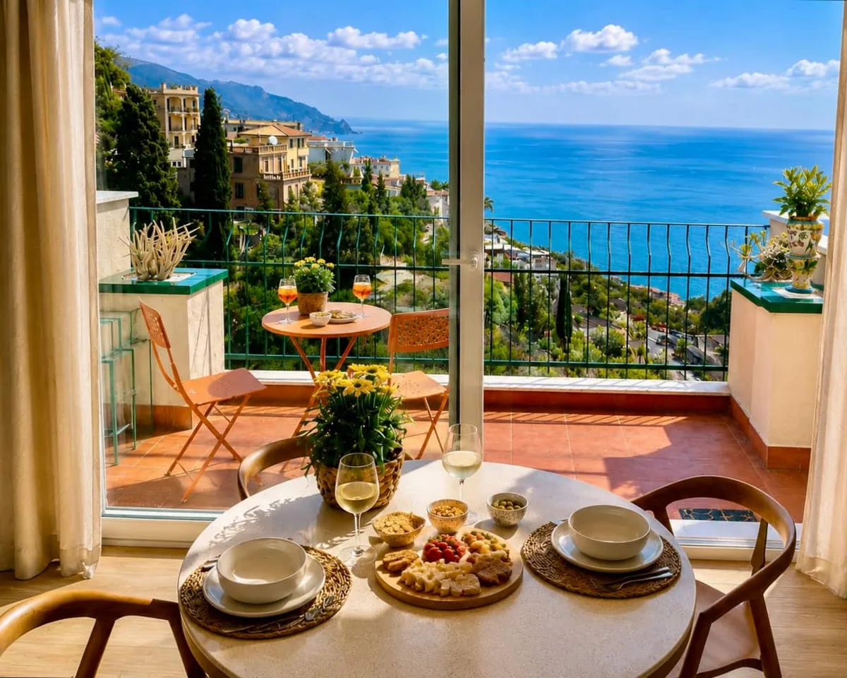 La vetrata aperta sul terrazzo e sulla costa ionica