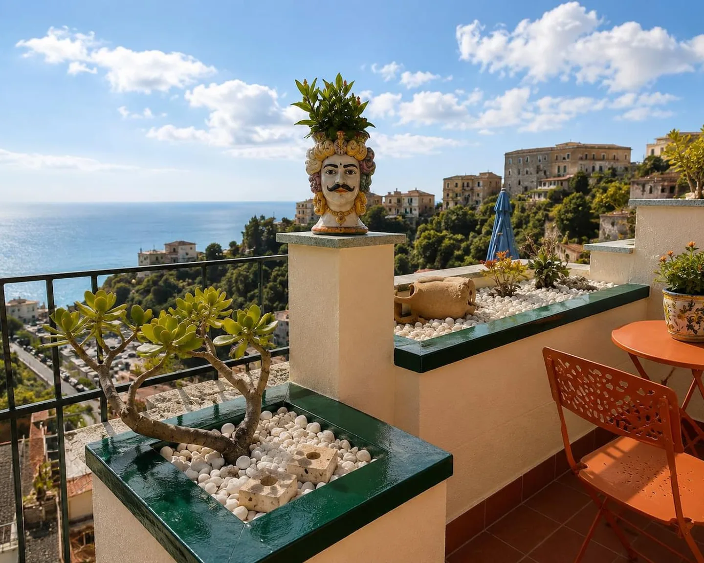 La testa di moro sul terrazzo, con le case di Taormina e il mare alle spalle