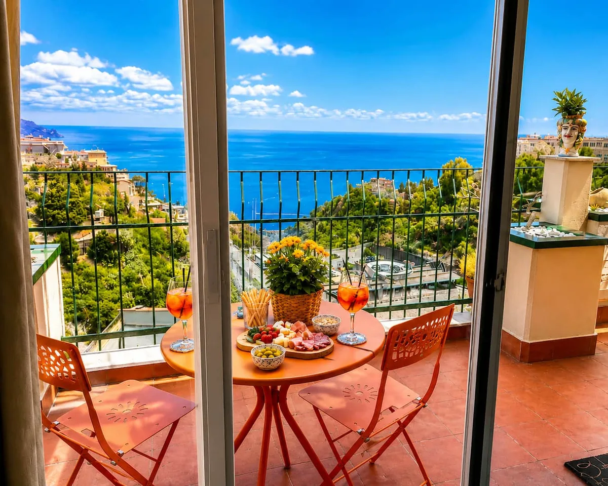 L'aperitivo sul tavolo arancione del terrazzo, davanti al mare