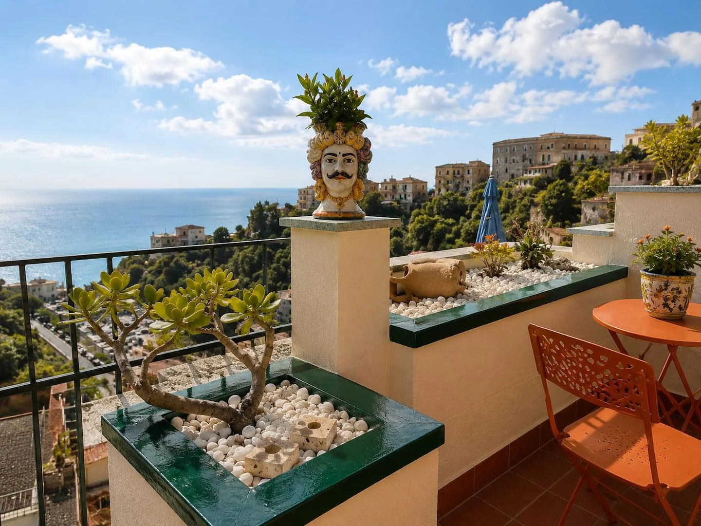 Il terrazzo con la testa di moro e il mare
