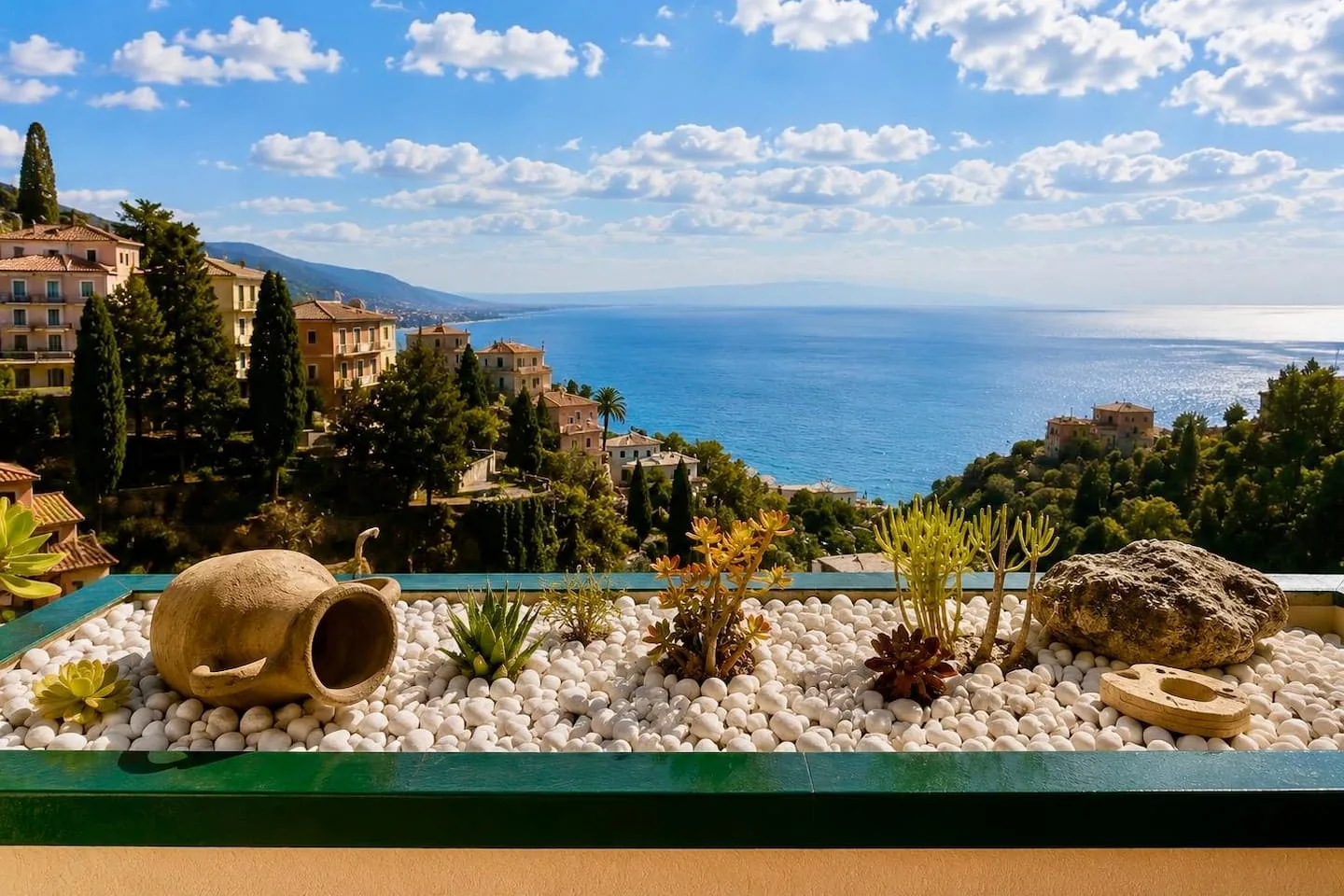 La fioriera del terrazzo e la costa ionica vista da Amaya